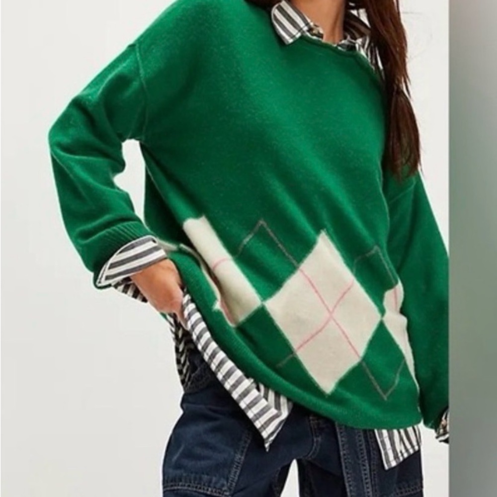 Free People Addie 100% cashmere Green Argyle Sweater XL